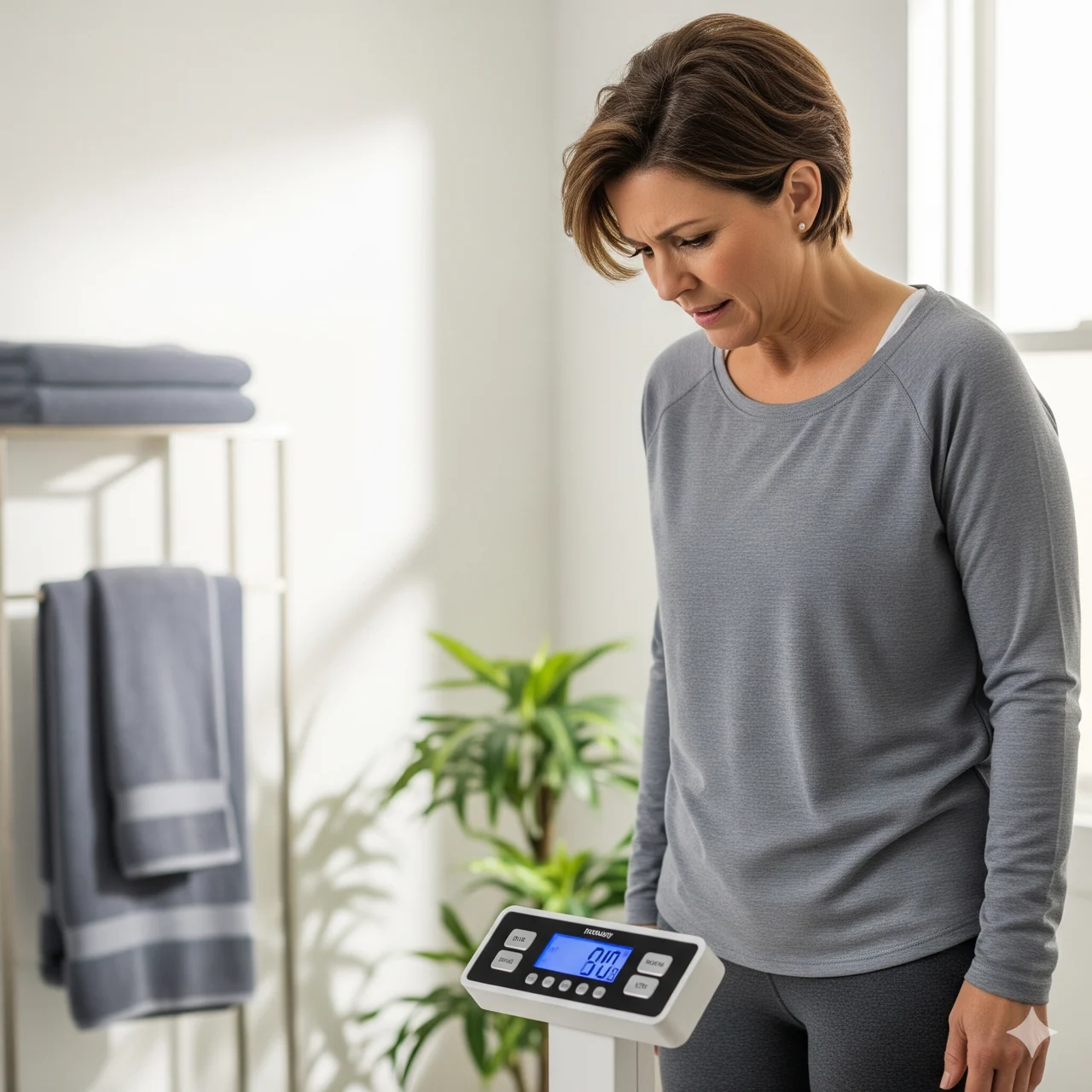Vrouw kijkt teleurgesteld op weegschaal cfw maaspoort den bosch
